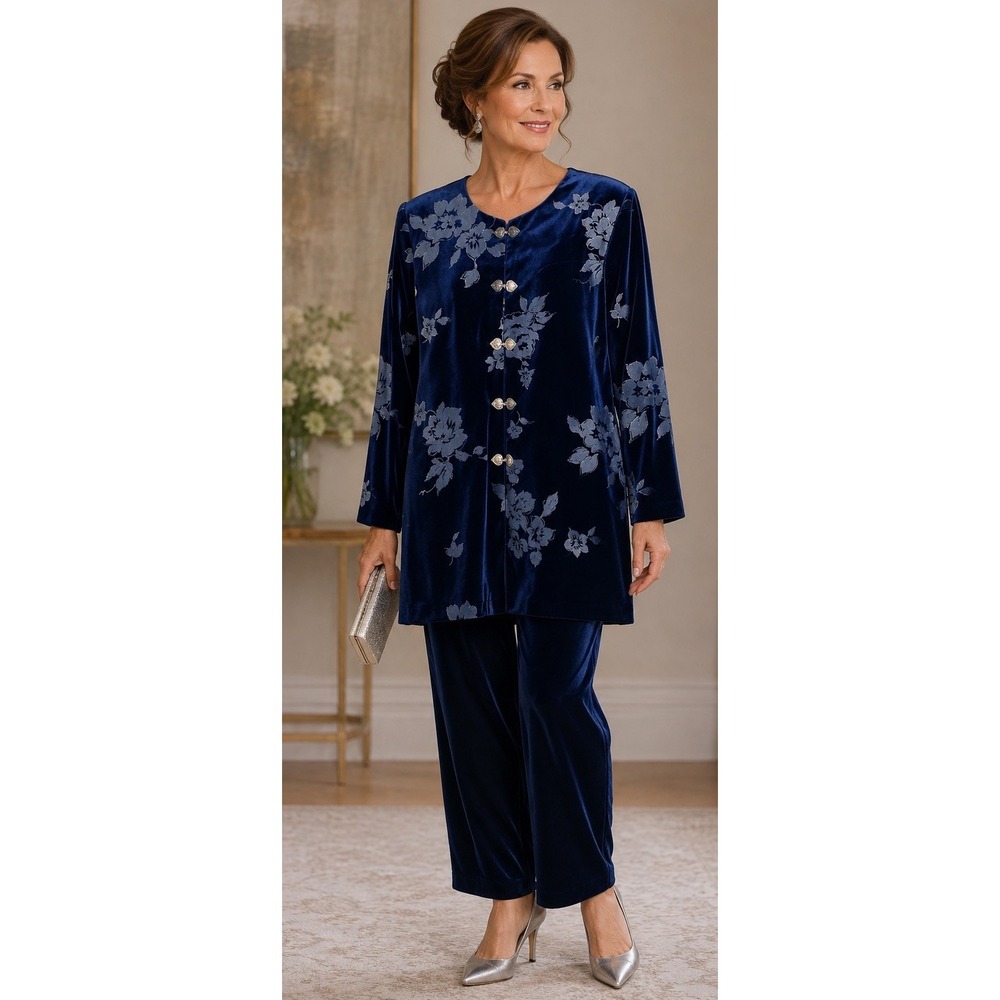 R&M Richards  Tunic Jacket Blue Velvet Floral Burnout Mother Of Bride Formal 12P